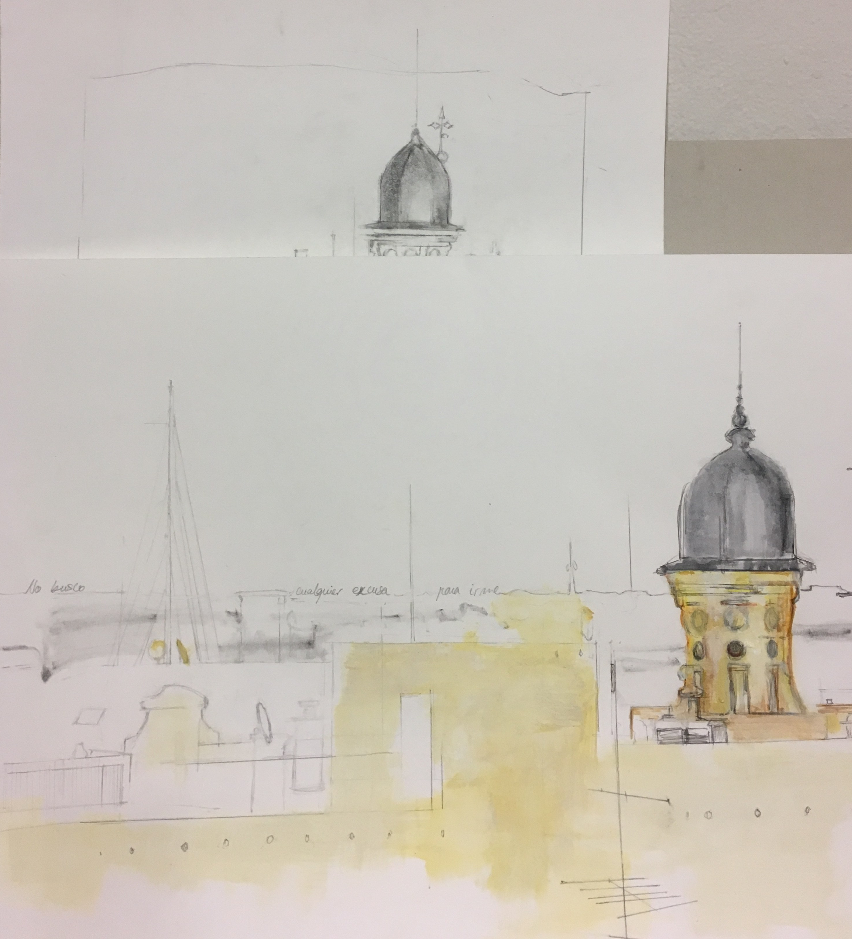 “No busco cualquier excusa para irme.”  Apunte. mixta / papel.