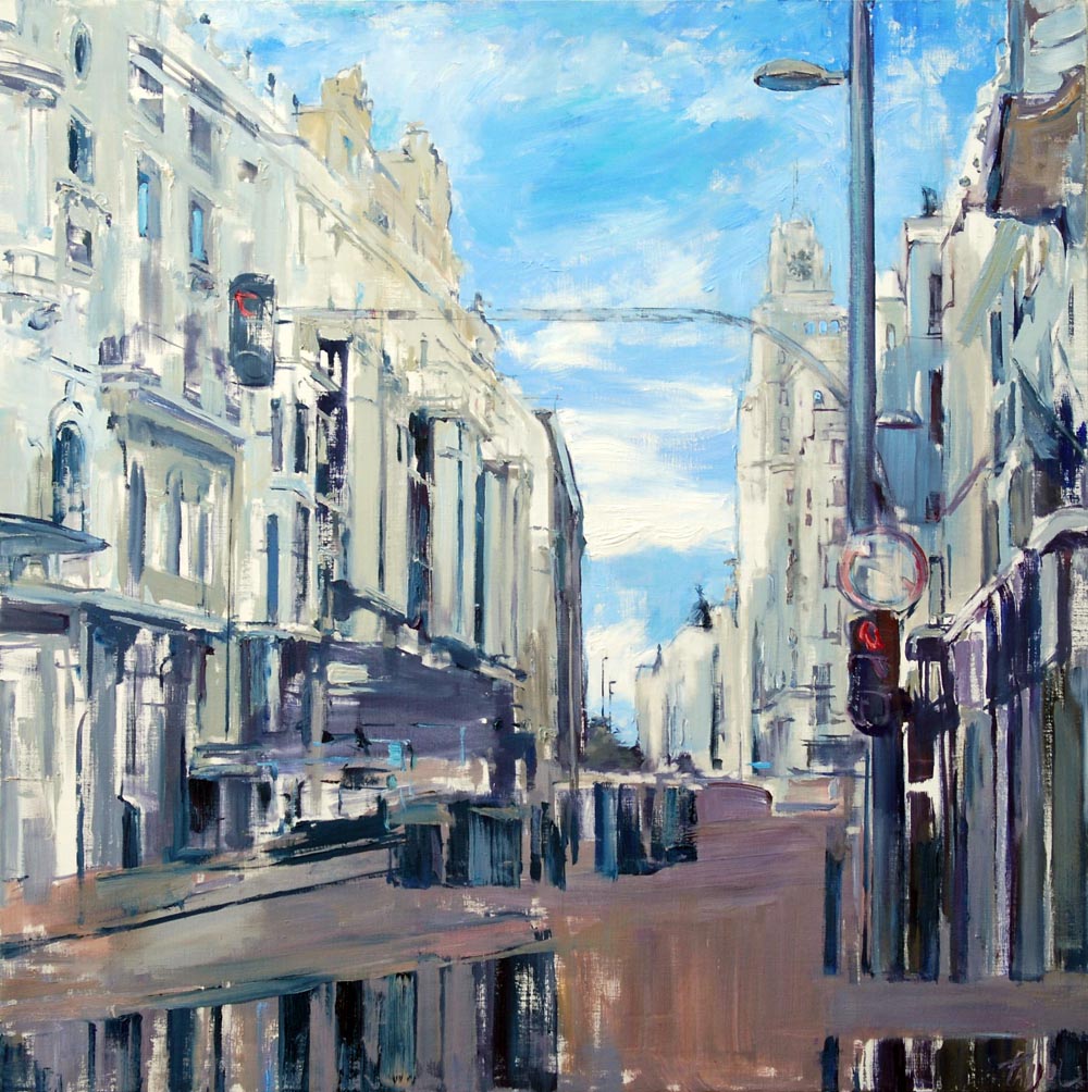 Gran Vía loca. 100x100 cm. Oleo/ lienzo. Pintura de Pilar Fanjul.