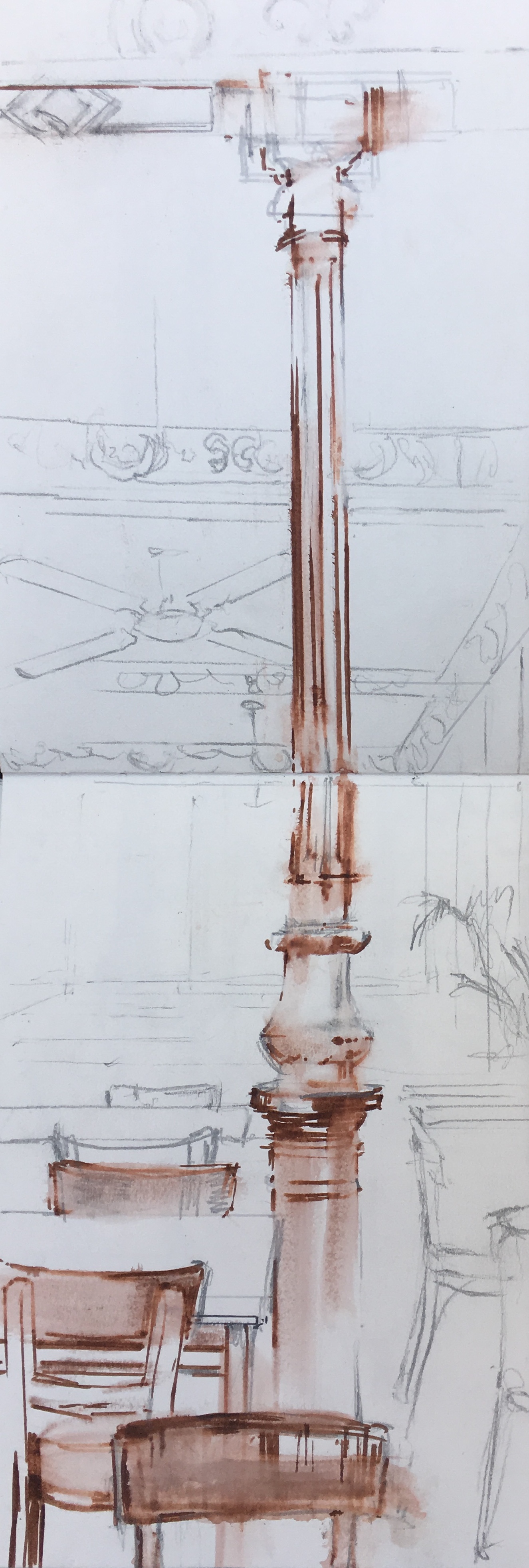 Café Barbieri.” Aguada y grafito sobre papel. Libro de artista. Dibujo de Pilar Fanjul