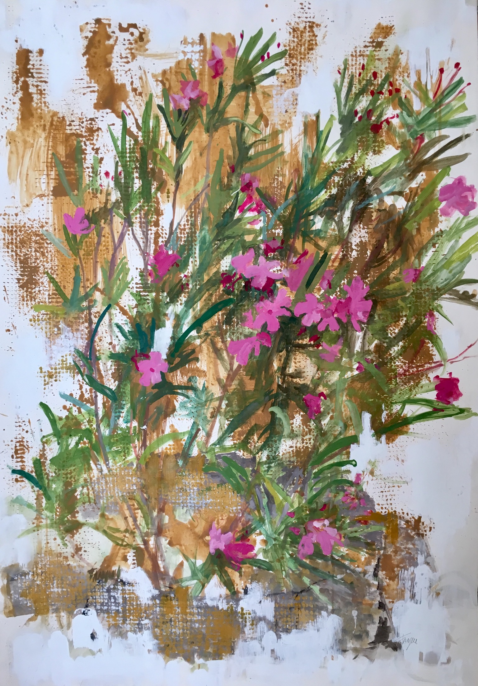 Adelfas. Gouache /papel .100x70cm. Dibujo de Pilar Fanjul.