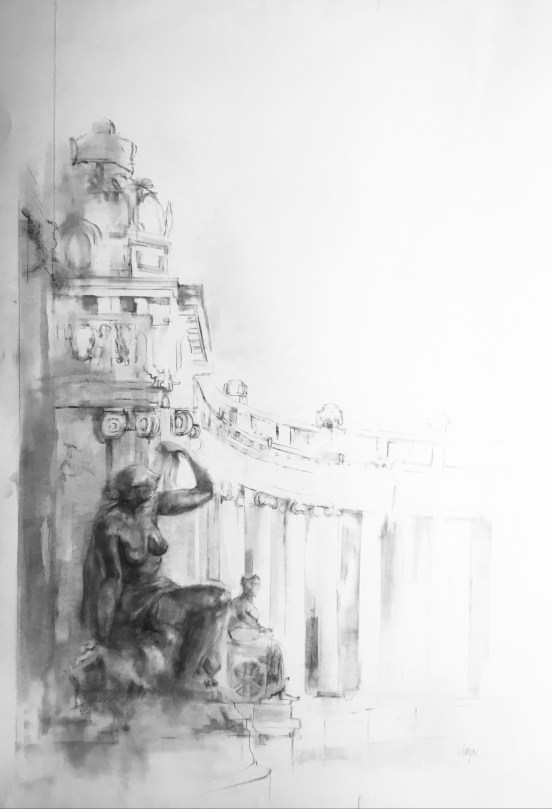 “Industria y Agricultura”. Grafito/papel. 100x70cm. Dibujo de Pilar Fanjul.