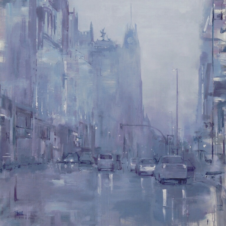 "Gran Vía tarde" Oleo/lienzo. 100x100cm. Pintura de Pilar Fanjul
