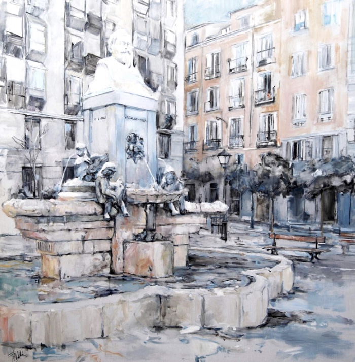 “Plaza de Vazquez de Mella”. Óleo/ lienzo. 100x100 cm. “Vázquez de Mella Square”. Oil/ linen. Pintura de Pilar Fanjul.