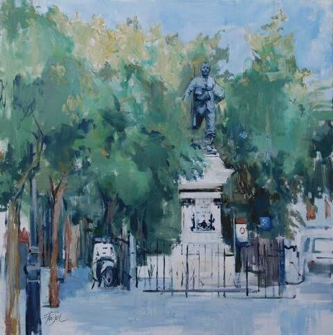 “Plaza del Cascorro” Óleo/ lienzo. 100x100 cm. “Cascorro Square”. Oil/ linen. Pintura de Pilar Fanjul.