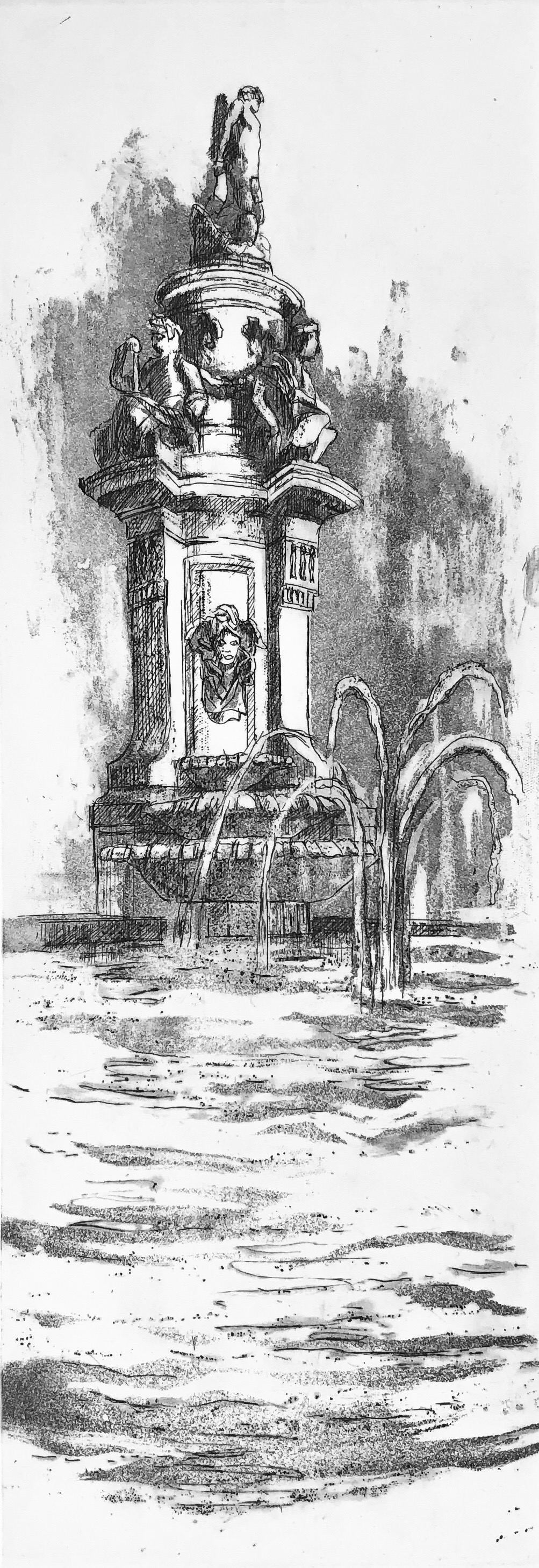 Fuente de Apolo. Aguafuerte y Aguatinta.Mancha 41,5x14,5xm. Papel 54x19 cm. Edición: 25 estampas. Grabado de Pilar Fanjul.